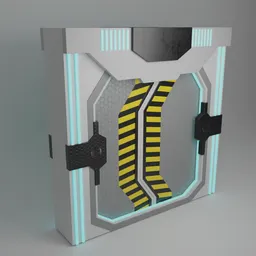 "Scifi Lock Gate Modular: A modular door 3D model for Blender 3D with a hard surface design, cage doors, and radiation glow. Inspired by Kazys Varnelis, it features stylized borders, realistic skin textures, and orange and cyan lighting. Ideal for sci-fi themed projects and infrastructure designs."