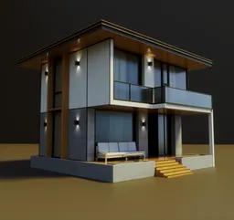 High-quality 3D model of a modern two-story luxury residence with exterior lights, ideal for Blender rendering projects.