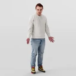 3D model of a surprised young man in white sweatshirt and jeans, with expressive pose for Blender rendering.