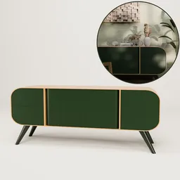 3D-rendered vintage sideboard with green doors for Blender, ideal for interior design visuals.