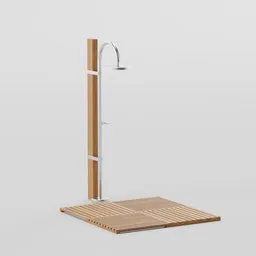 "Swimming pool shower 3D model with wooden floor and shower head, perfect for architectural visualization and product shots. Featuring a naturalistic technique and warm color scheme, this model includes a paddle of water, ladder, and tall thin frame. Ideal for adding a realistic touch to your Blender 3D scene."