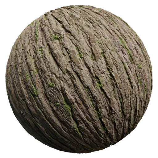 Realistic textured 3D rendering of moss-covered tree bark for PBR material use in Blender.