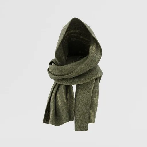 Detailed 3D khaki scarf model for Blender rendering, showing realistic fabric textures and draping.