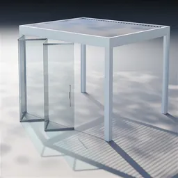 "3D model of a Pergola Alaris Placeo with a foldable glass system, created using Blender 3D software. The design features a glass table, glass door, and glass visor, all inspired by Abraham van den Tempel's outdoor design. Perfect for patio and outdoor settings, the model offers realistic depth and is optimized for raytracing."