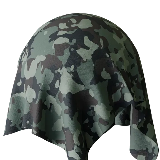 High-quality PBR Green Camouflage fabric texture for 3D modeling in Blender and other software.