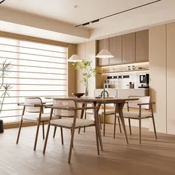 Wabi-sabi Wood Dining Room Interior Scene