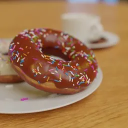 Realistic chocolate frosted donut with sprinkles 3D model on plate created in Blender.