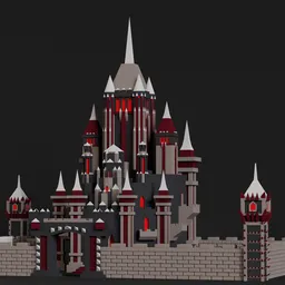 "Low poly castle 3D model for Blender 3D featuring castle walls, towers, and clock tower. Stylized with a fantasy design in red to black gradient, perfect for Minecraft builds, Roblox scenes, and Kingdom of Elves creations by Gwilym Prichard. Get detailed with this utra-detailed, Behance 3D approved model."