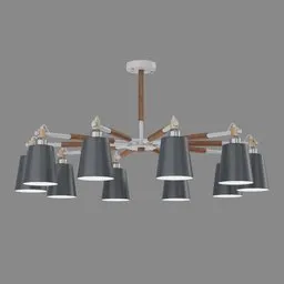 "Scandinavian style wooden chandelier with gunmetal grey lamps and gearwheels, inspired by William Dobson. Perfect for mid-century modern furniture enthusiasts. 3D model for Blender 3D."