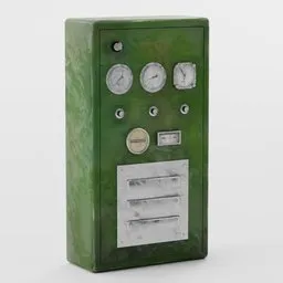 Detailed 3D model of a vintage green control box with knobs and switches, Blender-compatible.