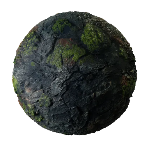 Highly detailed PBR rock and green plants material for 3D rendering in Blender, with vegetation and displacement channel.