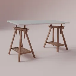 Realistic 3D model of a wooden trestle table, high-quality textures, ideal for Blender renderings.