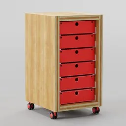 3D-rendered red and wood industrial container on wheels, optimized for use in Blender 3D modeling projects.