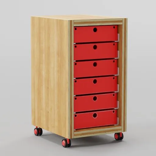 3D-rendered red and wood industrial container on wheels, optimized for use in Blender 3D modeling projects.