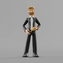 Alt text: "3D model of Oscar, a rigged man in a black suit and blond beard, holding a banana and Xbox Series X, perfect for Blender 3D construction projects."