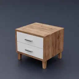 "Minimalistic wooden bedside tables with two drawers, perfect for any bedroom. Highly realistic with exquisite handle details and a top lid. 3D model created in Blender 3D by Jenő Gyárfás."