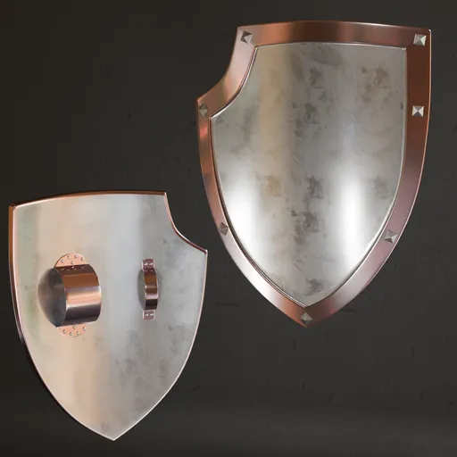 Detailed 3D model of a metallic historical shield with high-quality textures, ideal for Blender war game design.