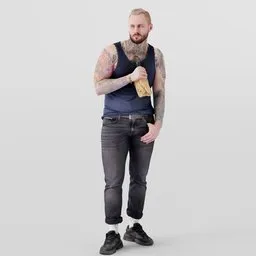 3D model of tattooed man with beer, blue tank, black jeans, top knot, for Blender design use.