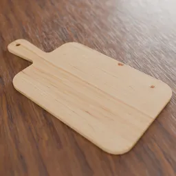 Realistic Blender 3D model render of a wooden cutting board on a dark wood surface.