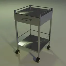 Hospital equipment 3D model of a one-drawer bedside cabinet with wheels, created in Blender.