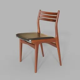 3D rendered Danish mid-century dining chair model, optimized for Blender, with wooden frame and leather seat.