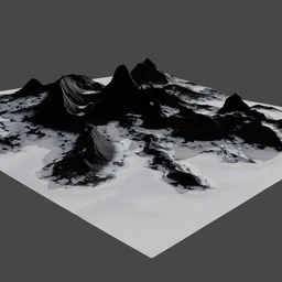 "A stunning 3D model of a snow-covered mountain terrain, created using Blender 3D. This landscape, generated using an erosion algorithm, features scattered islands and a dark, unsaturated atmosphere. Perfect for use as a background in your next project."