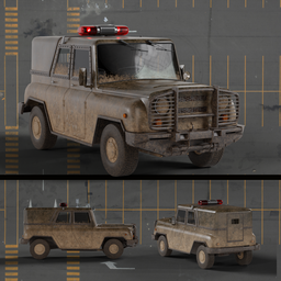 Realistic 3D model of a muddy Uaz-469 military SUV with a police siren, designed in Blender for off-road rendering.