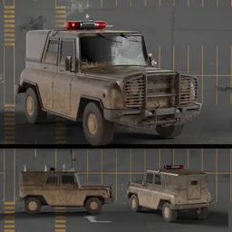 This 3D model is an off-road 4x4 Soviet and Russian cargo-passenger SUV, created with Blender 3D. It features a roof mounted police siren and procedural mud, perfect for military or emergency scenes. Get the details with max accuracy and optimize your search with keywords like Uaz-469, hard surface model, police lights, and arnold.