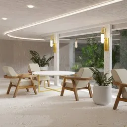 Modern 3D-rendered hallway with soft lighting and natural view, realistic textures, and materials created with Blender.