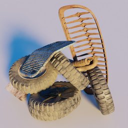 Detailed 3D rendering of industrial debris featuring tires and a chair, ideal for Blender 3D concept art.