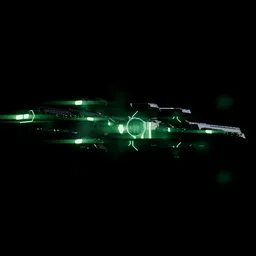Illustration of a sleek, green-glowing, detailed Stellaris-inspired 3D spacecraft model, compatible with Blender.