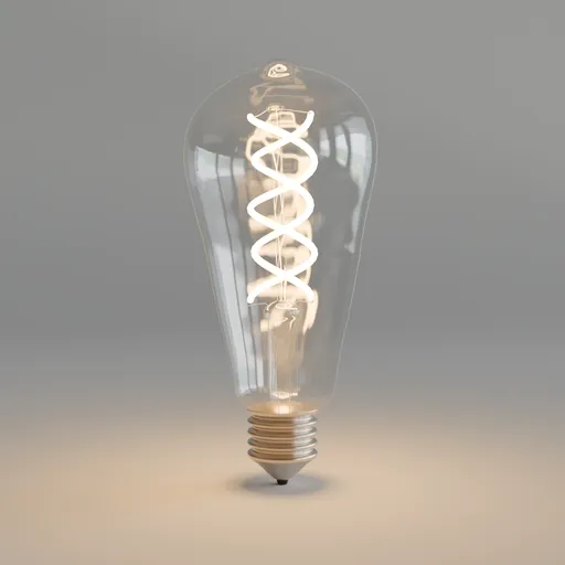 3D-rendered spiral LED light bulb model, showcasing realistic glass and filament design, suitable for Blender rendering projects.