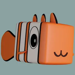 Cartoonish orange cube-shaped clownfish, low-poly model, Blender 3D, mobile-friendly design.