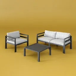 "Swedish style outdoor furniture set featuring a couch and table on a yellow background, rendered with Octane and Lumion. 3D model from the 'Lorenzo S' collection for Blender 3D, perfect for garden settings with cinder blocks in a centered radial design. Three views available in shaded 3D and flat grey, created in 2019."