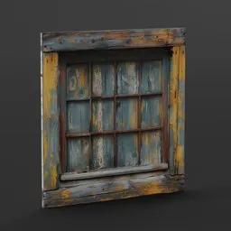 Detailed Blender 3D model of a vintage wooden window with peeling blue and yellow paint.