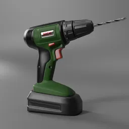 Realistic 3D model of a cordless drill, optimized for animation in Blender, with a focus on low-poly design for home and garden visuals.