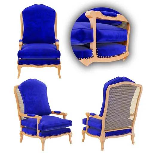 Detailed 3D model of a blue and wood accent chair, compatible with Blender for interior design visualization.