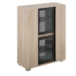 Detailed 3D model of a wooden bookcase with glass side doors for Blender render.