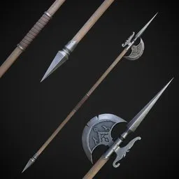 Detailed 3D halberd model with intricate Persian designs and high-resolution textures, ideal for Blender rendering.