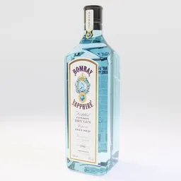 Photorealistic 3D rendering of a Bombay Sapphire gin bottle with detailed textures, suitable for Blender.