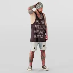 Bearded tattooed 3D model in urban attire, ideal for Blender rendering, showcasing confusion and style.