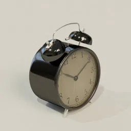 Black twin-bell Blender 3D model, realistic vintage-style alarm clock, suitable for interior renderings.