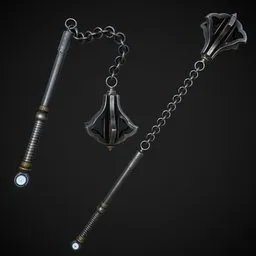 Detailed 3D model of a rigged medieval flail with realistic texturing suitable for Blender animation.