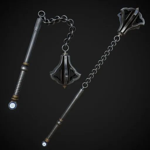 Detailed 3D model of a rigged medieval flail with realistic texturing suitable for Blender animation.