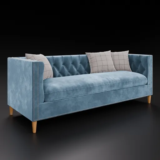 Detailed 3D tufted sofa model with customizable velvet texture, perfect for Blender rendering.
