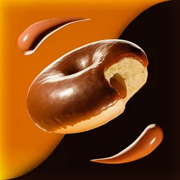 Realistic 3D-rendered donut with chocolate icing and fluid simulation on orange background.