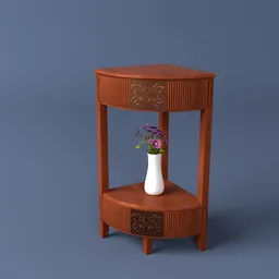 Detailed wood-textured 3D corner table model with ornate carvings for Blender rendering, no accessories included.