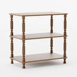 Realistic 3D model of a wooden shelving unit with detailed textures and ornate legs, perfect for Blender rendering.