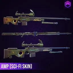 High-detail sci-fi themed AWP sniper rifle 3D model set, optimized for Blender, showcasing varying angles for game asset design.