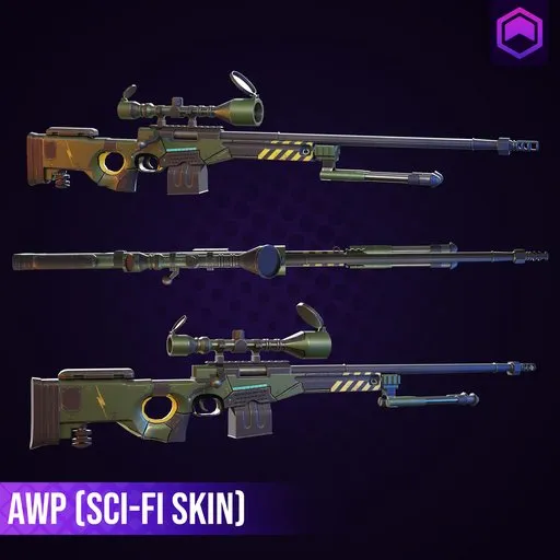 High-detail sci-fi themed AWP sniper rifle 3D model set, optimized for Blender, showcasing varying angles for game asset design.